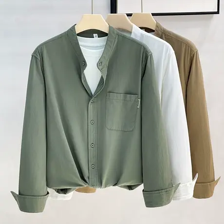 秋冬季工装美式休闲纯色文艺立领长袖衬衫男日系复古衬衣外套男装商品大图