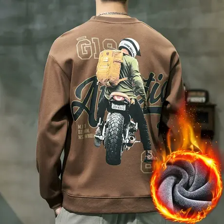 冬季高街痞帅印花加绒保暖长袖上衣服秋冬款内搭加厚抗寒圆领卫衣商品大图