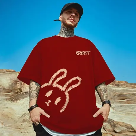 红色短袖t恤男2025新款纯棉夏季大码上衣服半袖D加肥加大胖子体恤商品大图