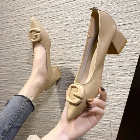 永希单鞋女夏新款网红时尚尖头浅口高跟鞋女黑色一脚蹬两穿工作鞋图片