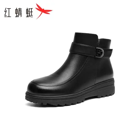 红蜻蜓时装靴女2023冬季新款时尚金属扣羊毛加绒加厚保暖妈妈棉鞋商品大图