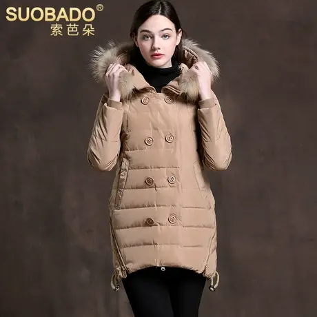索芭朵2023秋冬中长款双排扣拉链羽绒服时尚貉子毛领白鸭绒外套女图片