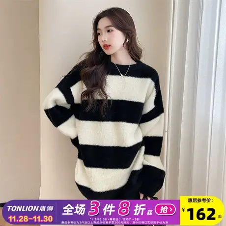 唐狮秋冬经典黑白宽条纹毛衣女款2023新款圆领百搭休闲风毛衣PO商品大图