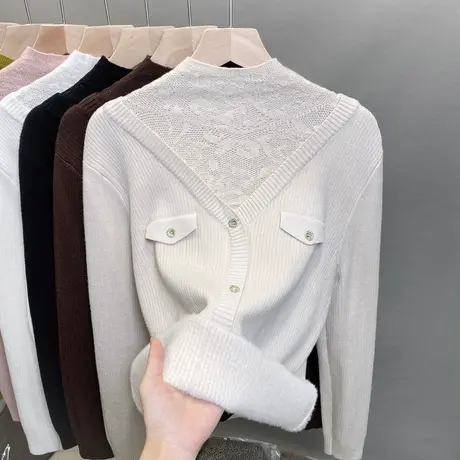 一体绒半高领毛衣女加绒厚打底衫2023秋冬新款蕾丝针织衫内搭上衣商品大图