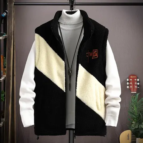 羊羔毛绒男士马甲拼接撞色外套无袖加厚款保暖颗粒绒坎肩马夹冬商品大图