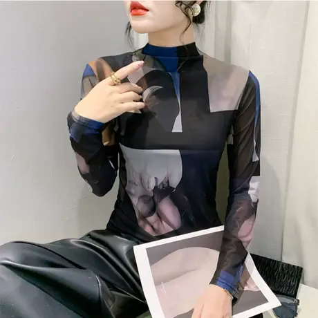 半高领打底衫长袖网纱印花时尚气质减龄内塔上衣女修身复古T恤潮图片