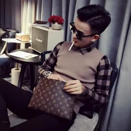 翻领毛衣男2023年新款ins潮牌潮流个性针织polo衫韩版修身假两件商品大图