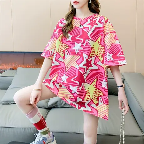 2024夏季新款韩版字母印花短袖t恤女大码女装宽松显瘦中长款上衣图片