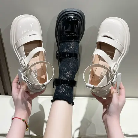 白色粗跟单鞋厚底小皮鞋女夏2024新款法式复古松糕配裙子玛丽珍鞋商品大图