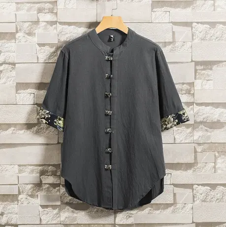 中国风盘扣衬衫男短袖T恤中式唐装仿棉麻复古风民国男装衬衣潮流图片