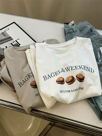 韩版面包字母印花圆领短袖t恤女宽松慵懒风大码oversize上衣夏季商品大图