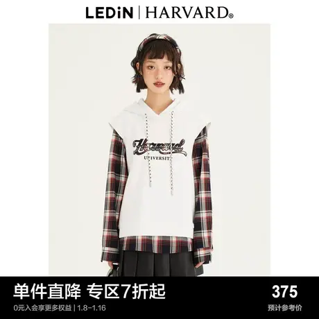 【哈佛联名】乐町拼色短上衣23秋新款格子拼接连帽卫衣C2CRD3302图片