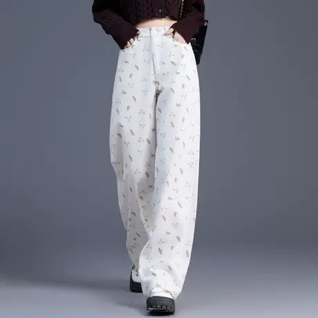 2025年春秋新款小熊印花牛仔裤女直筒宽松白色裤子阔腿裤休闲学生商品大图