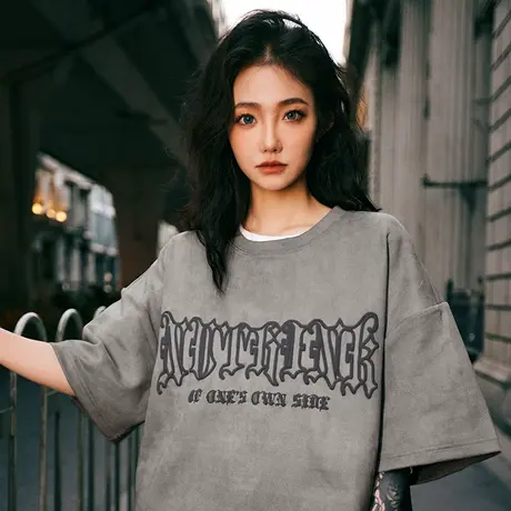 Nuthink美式高街复古麂皮绒短袖T恤男加肥加大潮牌ins半袖上衣潮商品大图