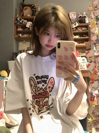 卡通兔子纯棉短袖t恤女夏季韩版宽松小众设计感美式复古半袖上衣商品大图