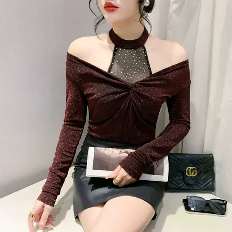 性感露肩挂脖T恤女长袖网纱烫钻气质扭结拼接百塔上衣打底衫春秋图片