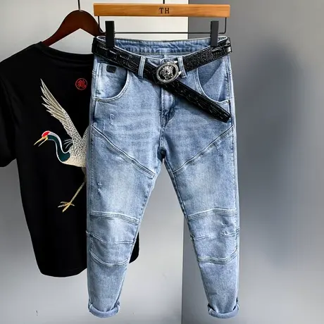 日系潮牌牛仔裤男宽松直筒拼接男士休闲长裤子男韩版潮流百搭高端商品大图