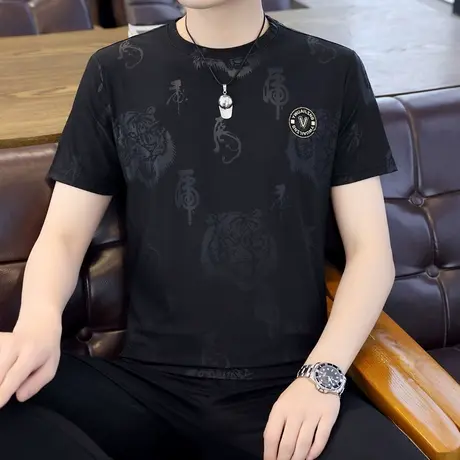 2024夏季新款男士冰丝短袖t恤半袖烫钻体恤衫加肥加大码男装上衣商品大图