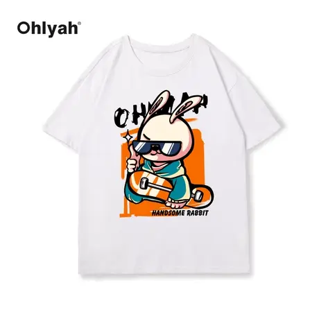 Ohlyah种花家兔子卡通印花T恤女白色宽松BF风纯棉圆领短袖上衣ins图片