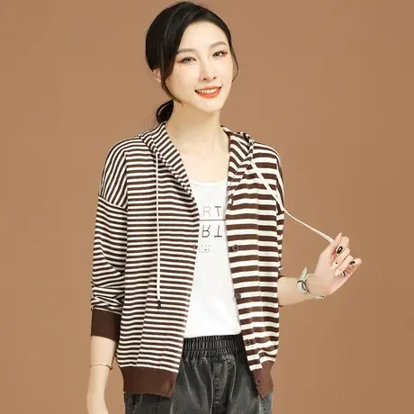 韩潮袭人连帽条纹长袖针织开衫女2023年秋季新款毛衣外套薄图片