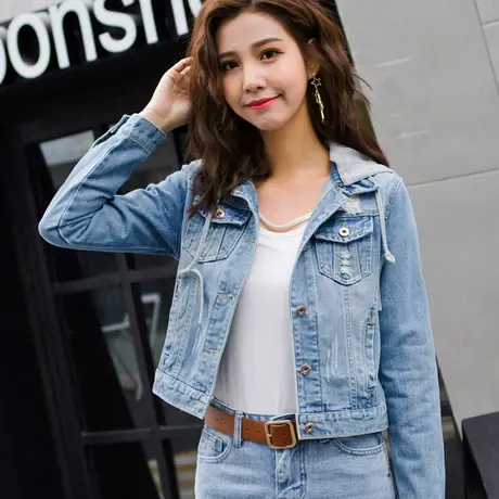 牛仔外套女短款修身韩版新款显瘦学生长袖春秋牛仔服上衣带帽大码商品大图