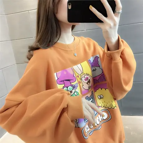 学院风卡通印花圆领套头卫衣女2023年春秋季新款女装慵懒上衣百搭图片