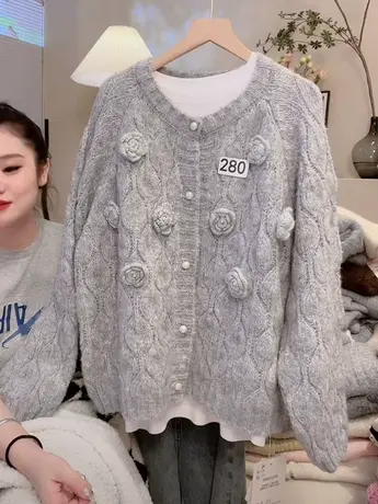 毛衣女2023新款立体山茶花小众设计感灰色韩系针织开衫外套上衣洋图片