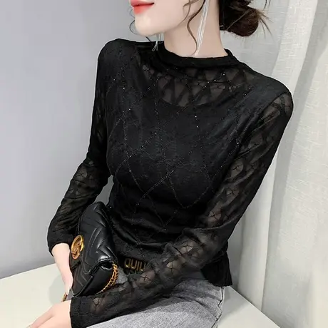 加绒加厚打底衫女2023新款时尚烫钻蕾丝上衣紧身内搭长袖小衫商品大图