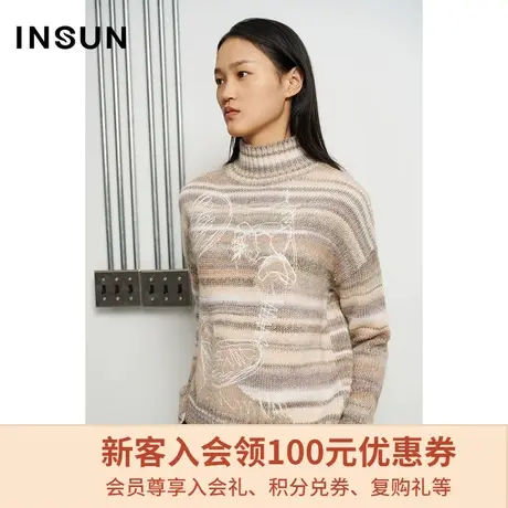 恩裳商场同款冬季多色纱线混纺彩色条纹设计保暖毛针织衫图片