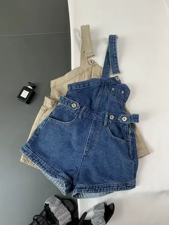 韩国时尚高腰单肩牛仔背带短裤女2023夏季新款气质直筒减龄阔腿裤商品大图