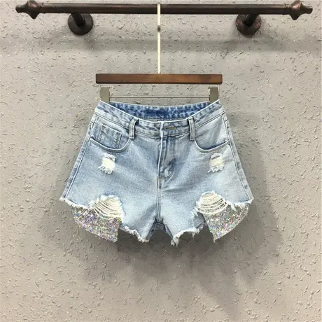亮片牛仔短裤女夏季新款 欧货时尚显瘦个性破洞宽松阔腿裤热裤潮图片