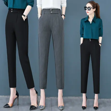 秋季裤子女新款显瘦直筒休闲西装裤2023时尚灰色百搭松紧腰萝卜裤图片