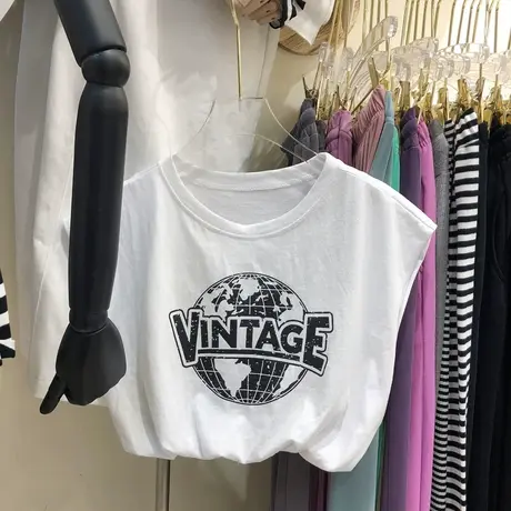 无袖t恤女夏季2020新款背心短款宽松百搭地球字母假两件套上衣服商品大图