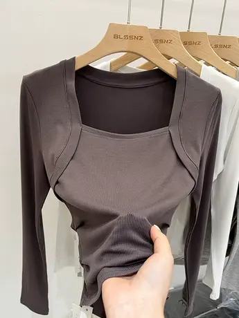 方领长袖t恤女2023年新款美式甜辣独特别致上衣显瘦内搭打底衫女图片