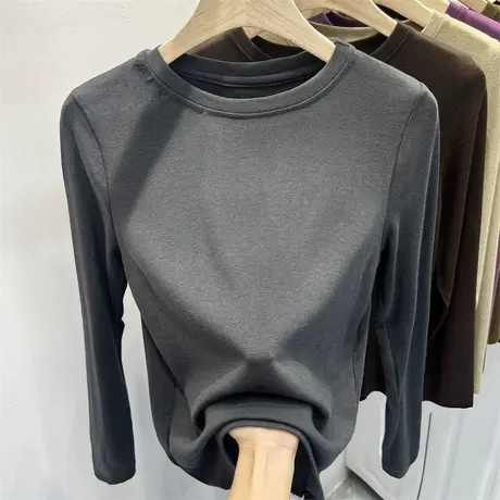 基础圆领长袖弹力宽松T恤女2023早秋新款上衣休闲百搭针织打底衫商品大图