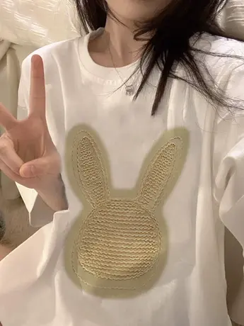 重磅纯棉短袖T恤女兔子2023年新款圆领oversize宽松半袖上衣春夏图片