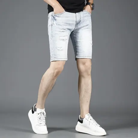 破洞短裤男牛仔裤2023新款夏季蓝色修身弹力时尚潮流五分薄款裤子商品大图