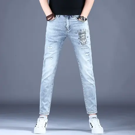 男士烫钻花破洞牛仔裤男款秋款轻奢九分休闲裤子弹力2023新款潮牌商品大图