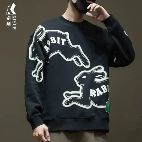 希越圆领兔子印花卫衣男秋季宽松大码350克重磅ins潮流内搭打底衫图片