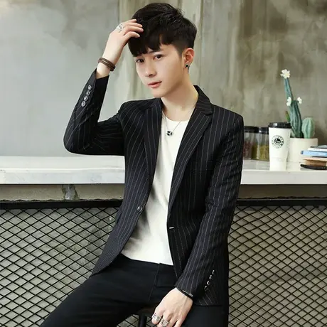 男士春秋休闲西服韩版修身青年上衣帅气潮流条纹小西装英伦风外套图片