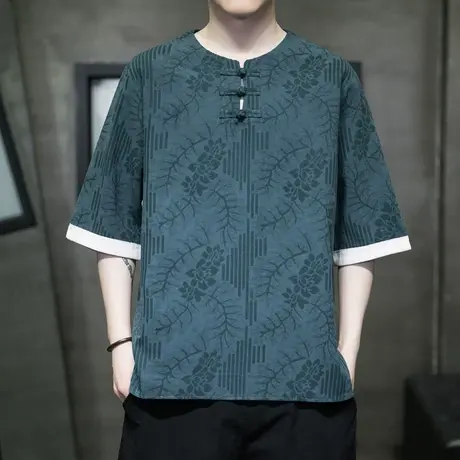 2023新款中国风盘扣短袖提花t恤复古五分袖加肥加大码男装打底衫商品大图