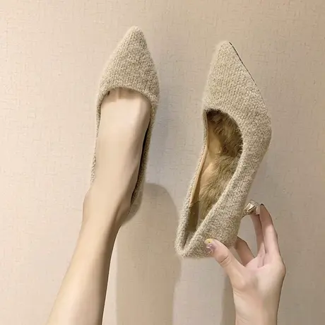 单鞋女2023春季新款法式少女性感细跟毛毛鞋尖头浅口高跟鞋女鞋潮图片