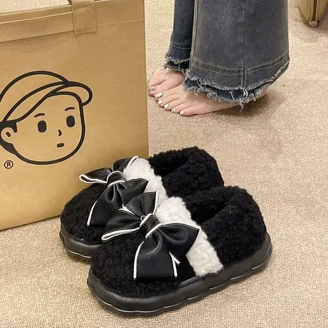 保暖棉拖鞋女冬季外穿室内可爱蝴蝶结毛绒防滑踩屎感厚底包跟棉鞋商品大图