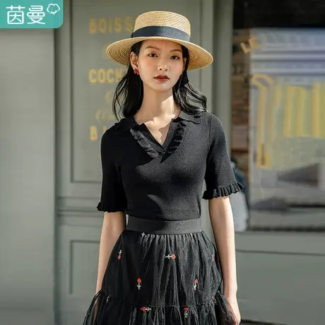 茵曼2023夏装新款V领翻领立体木耳边袖口修身显瘦针织衫短袖上衣图片