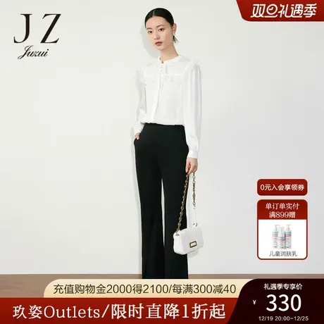 JZ玖姿微喇开衩裤女装2023春季新款显瘦设计感休闲裤黑色商品大图