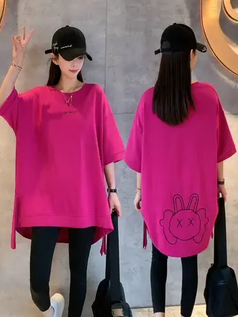 2023夏季新款圆领卡通印花宽松休闲时尚百搭中长款短袖T恤上衣女商品大图