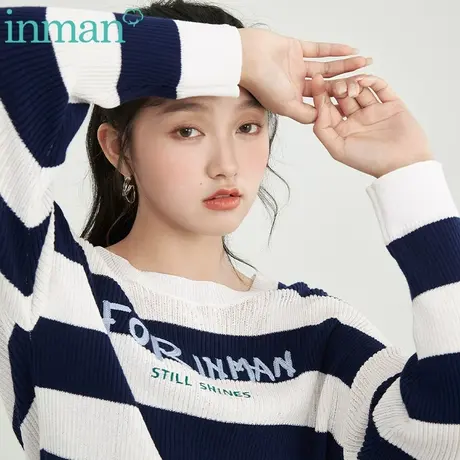 茵曼旗舰店2022早秋季蝙蝠衫上衣条纹针织衫时髦女装新款设计感图片