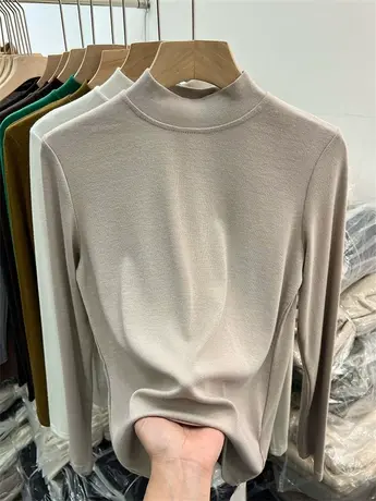 纯色半高领针织衫羊绒修身T恤上衣女2023年秋装慵懒软糯打底小衫商品大图