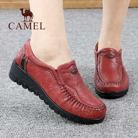 Camel/骆驼女鞋春秋季款真羊皮套脚坡跟式中年舒适休闲妈妈单鞋子图片