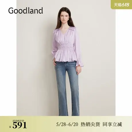 Goodland美地春季法式优雅V领收腰收褶木耳花边衬衫商品大图